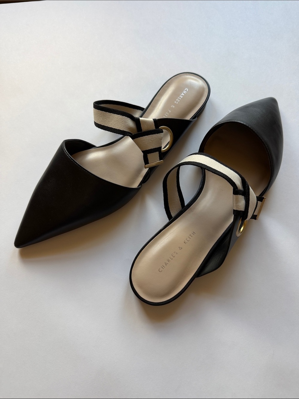 Charles & Keith Black Pointed Mules with Cream Contrast Strap, 39